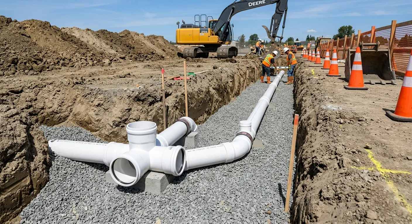 New PVC sewer pipe installation in open trench for Grease Trap Cleaning in Paulsboro