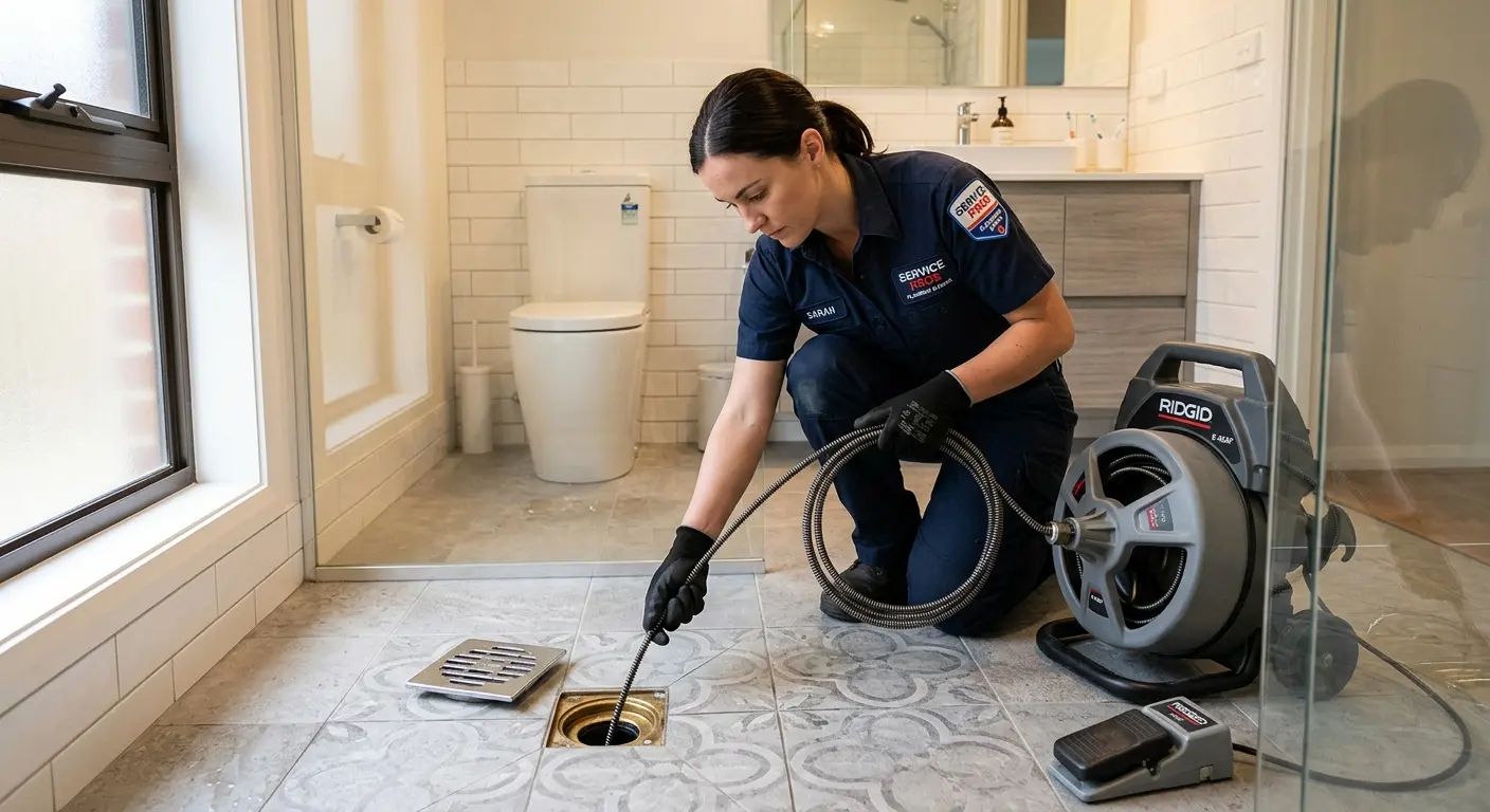Technician clearing a bathroom floor drain for Sewer Line Installation in Paulsboro